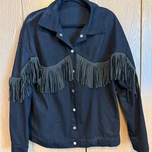 SHEIN Black Studded Fringe Jean Jacket